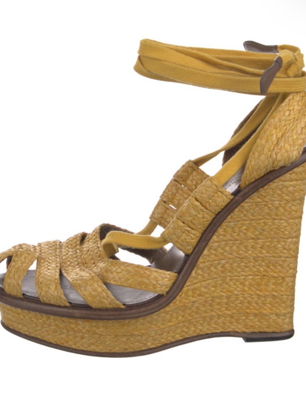 Bottega Veneta Mustard Yellow Woven Espadrille Wedge Sandals